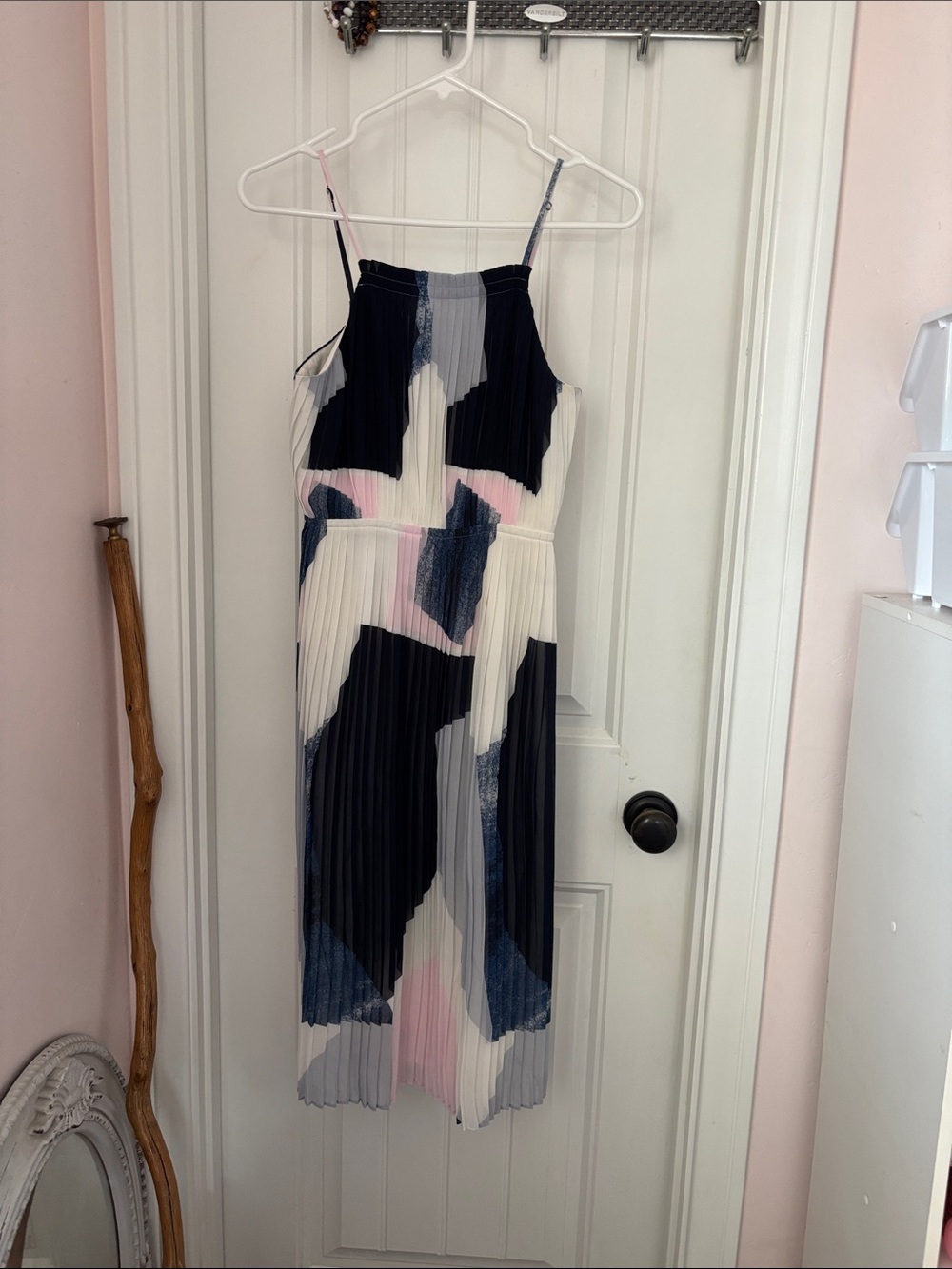 Banana Republic Navy, White & Pink Pleated Spaghetti-Strap Dress
